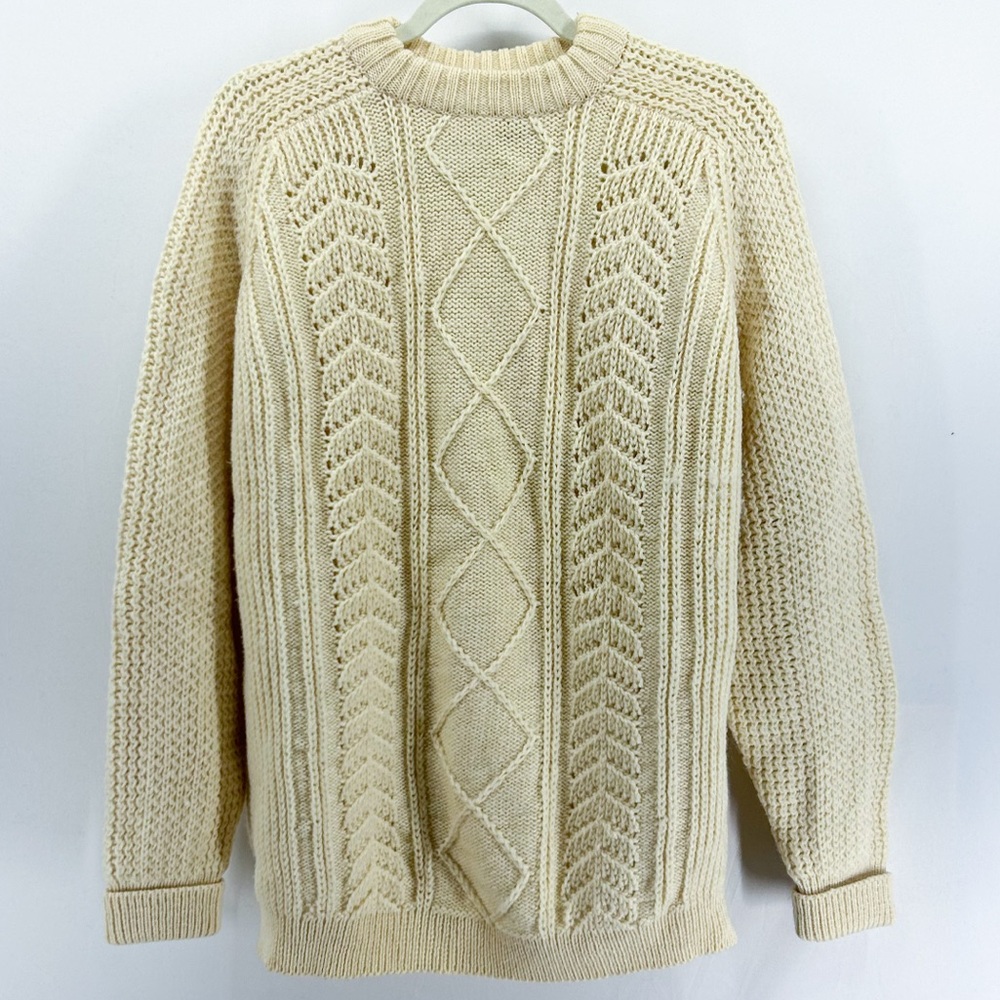 Vintage Archie Brown & Son Cream 100% Wool Aran Cable Knit Fisherman Sweater